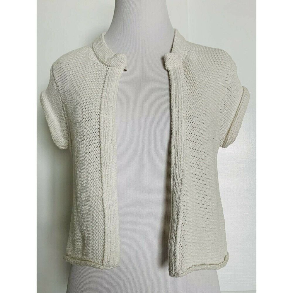 Trina Turk Los Angeles White Shimmer Knit Blouse Cardigan Sweater Open Front M